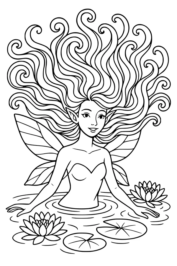 Free Fairy Coloring Page - Pond Fairy With Swirly Hair (Printable PDF)