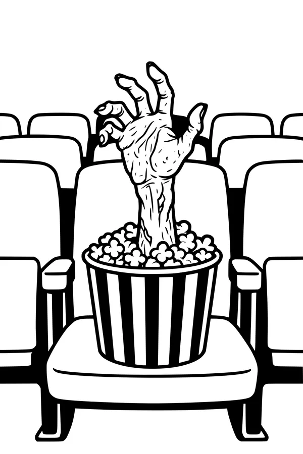 Free Zombie Popcorn Bucket Coloring Page - Spooky Movie Theater Surprise (Printable PDF)