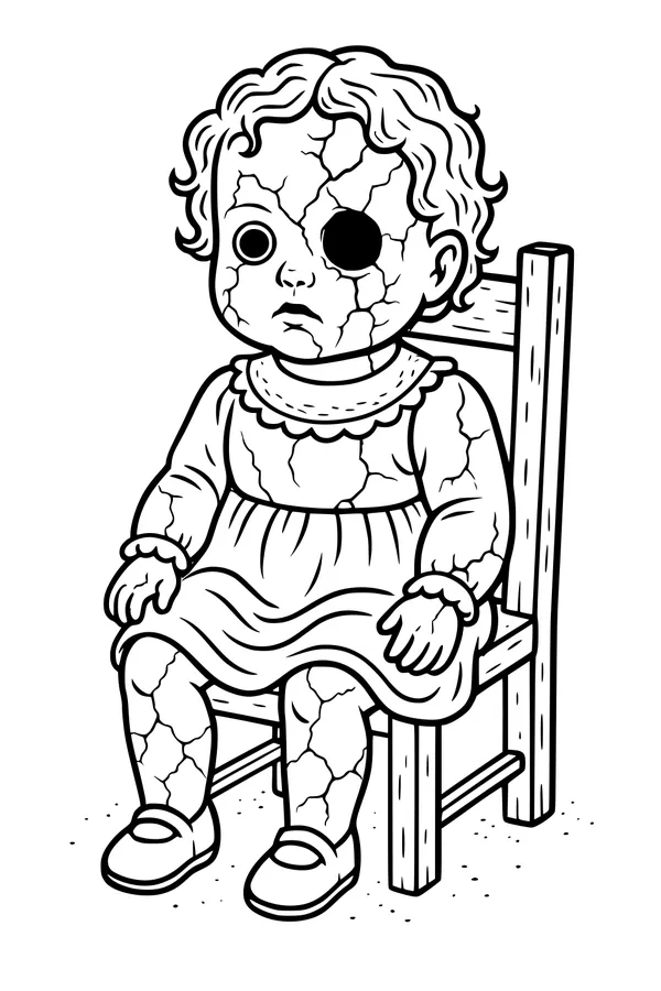 Free Porcelain Doll Coloring Page - Cracked Haunted Doll on Creaky Chair (Printable PDF)