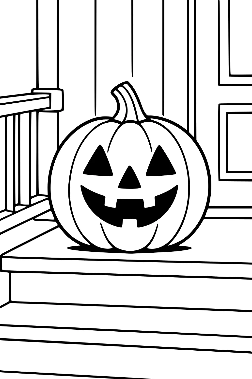 Smiling jack-o'-lantern on front porch steps beside door and railing, with bold outlines and large open areas to color.