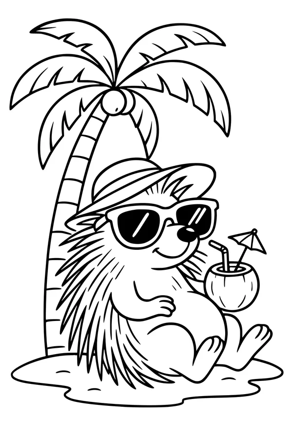 Free Porcupine Coloring Page - Sunny Beach Vacation Under a Palm Tree (Printable PDF)