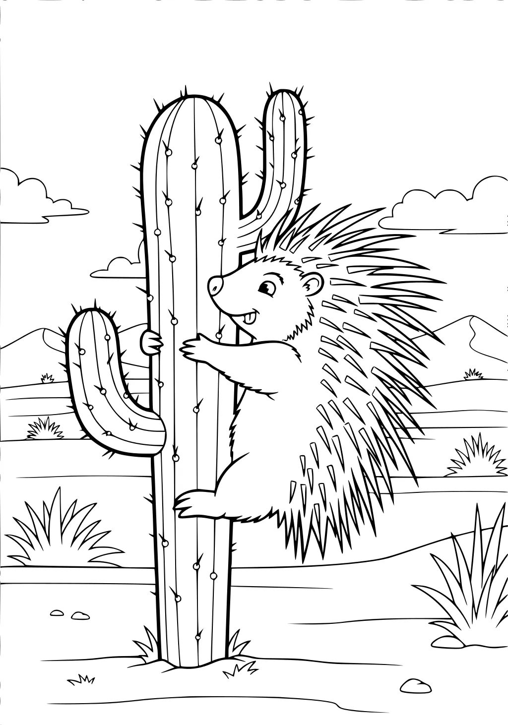 Porcupine hugging a cactus in a desert, surrounded by mountains, bushes, clouds, and rocks.