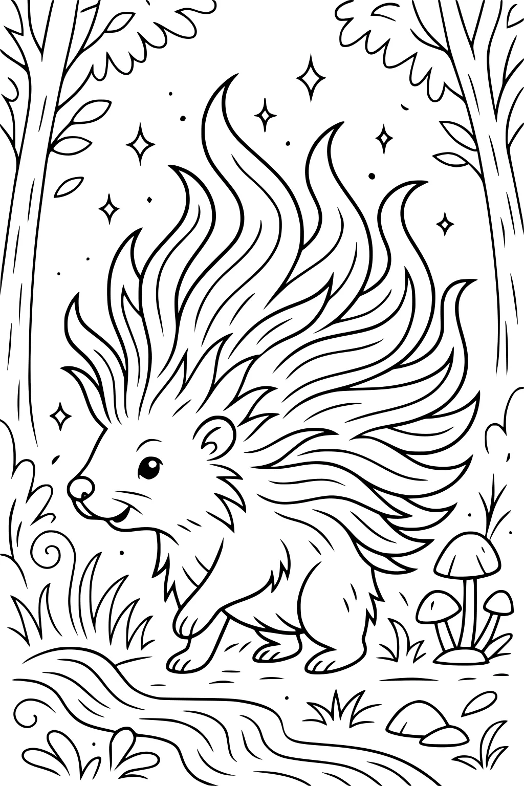 Porcupine with long quills walking in a forest with trees, mushrooms, grass, and a stream, surrounded by sparkling stars.