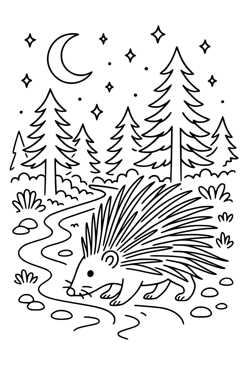 Porcupine with pointy quills walks along a wavy path at night, surrounded by pine trees, bushes, moon, stars, and stones.