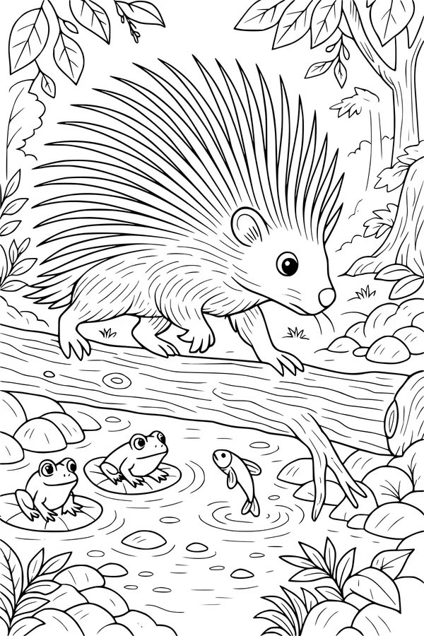 Free Porcupine Coloring Page - Prickly Explorer Crossing a Forest Pond (Printable PDF)