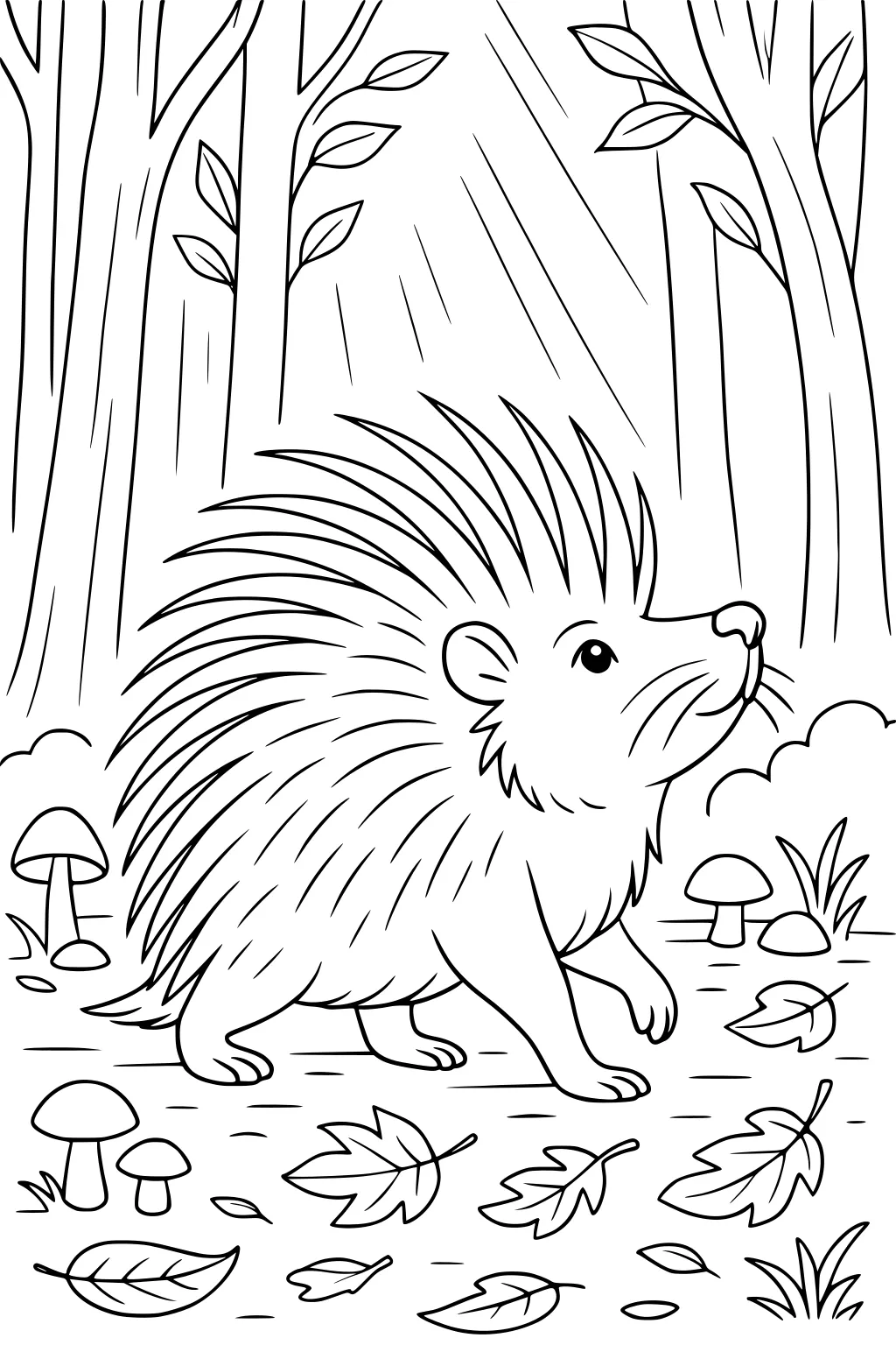 Porcupine with long quills walking through woods, surrounded by mushrooms, fallen leaves, and tall trees.