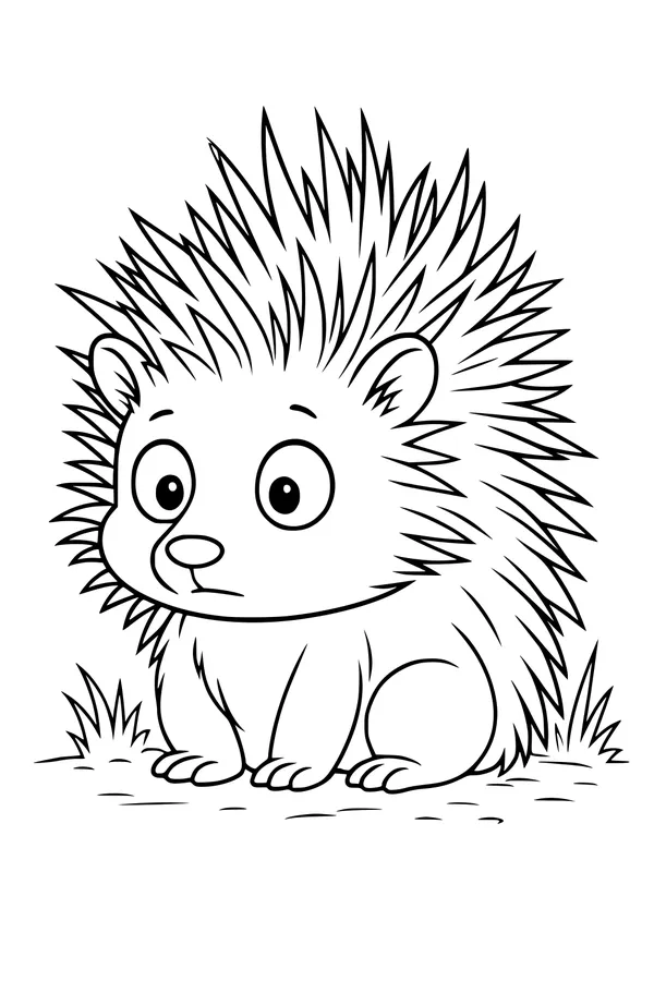 Free Porcupine Coloring Page - Surprised Cartoon Spike in the Grass (Printable PDF)