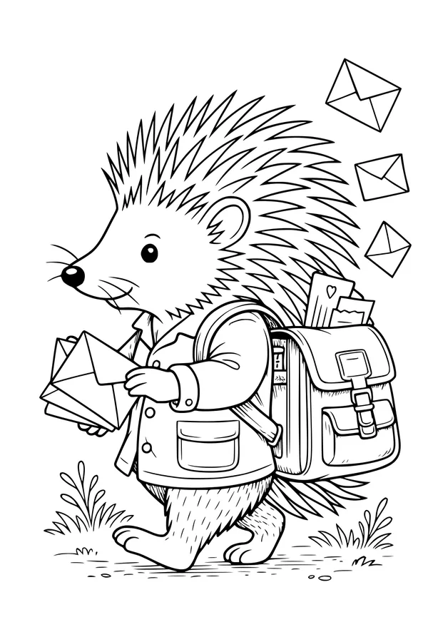 Free Porcupine Coloring Page - Forest Mail Delivery Scene (Printable PDF)
