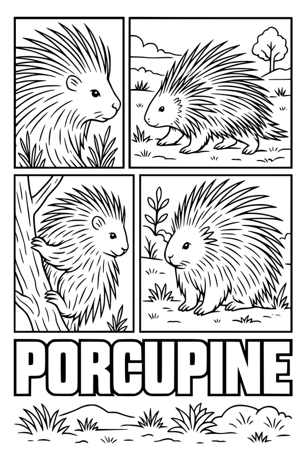 Free Porcupine Coloring Page - Spiky Cartoon Friends in the Meadow (Printable PDF)