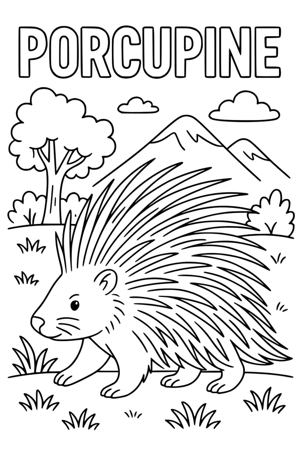 Free Porcupine Coloring Page - Spiky Friend in Mountain Meadow (Printable PDF)