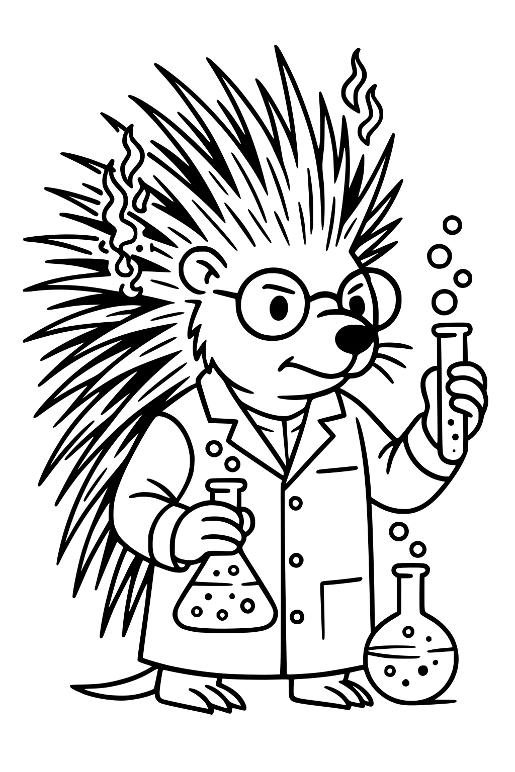 Porcupine wearing lab coat and glasses, holding two bubbling beakers, smoke above head and quills, with science flasks around.