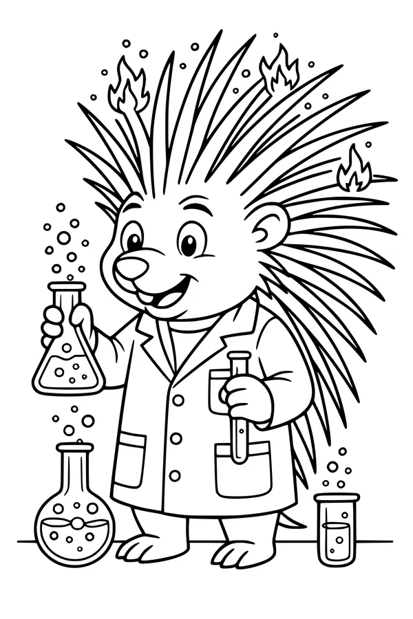Free Porcupine Coloring Page - Scientist With Fiery Quills (Printable PDF)
