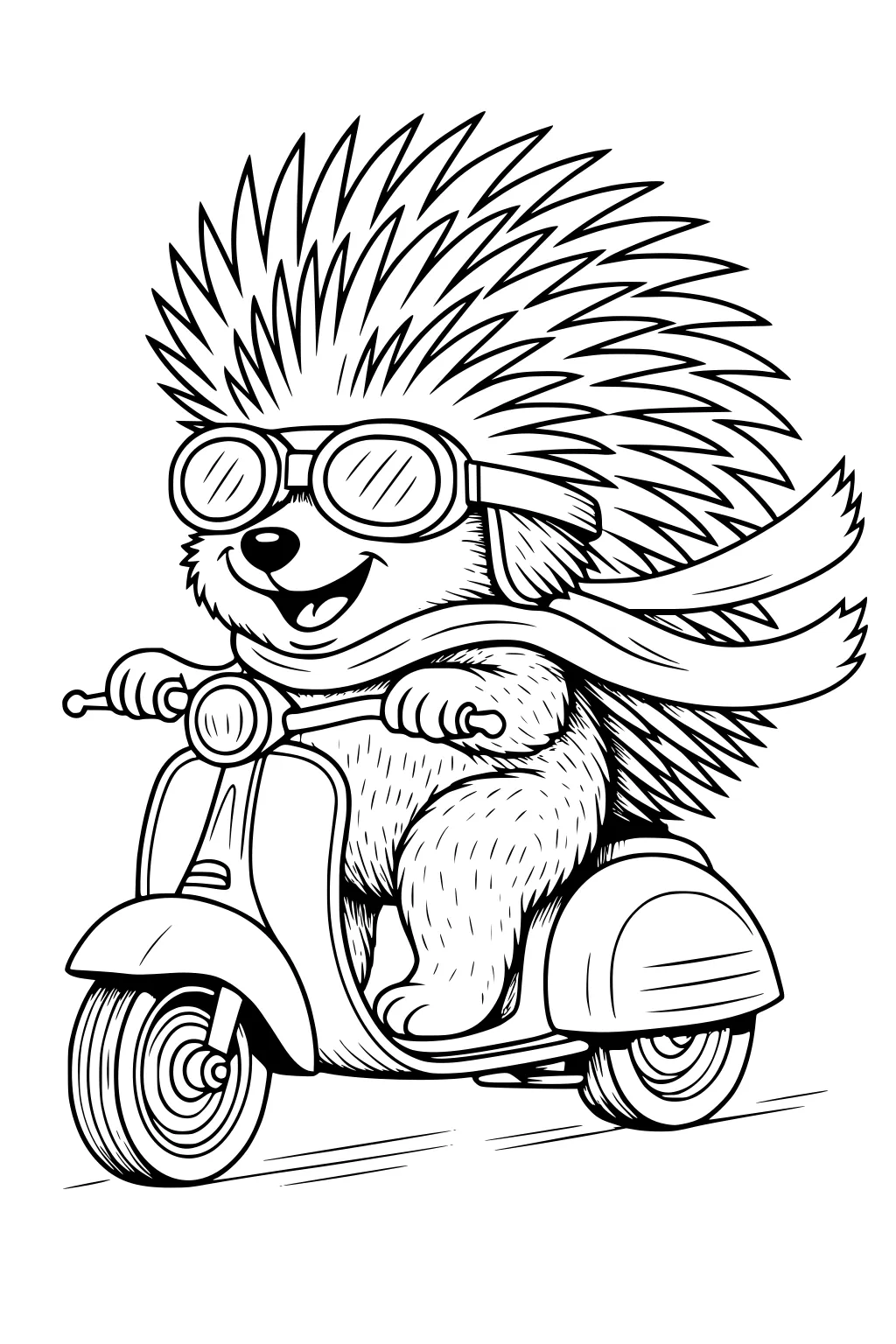 Porcupine with goggles and scarf riding a scooter, quills raised, front view, big smile, paws on handlebars.