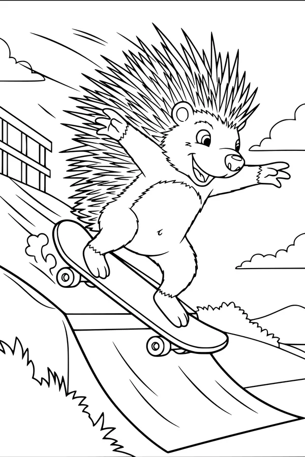Free Porcupine Coloring Page - Cartoon Skater on a Ramp (Printable PDF)