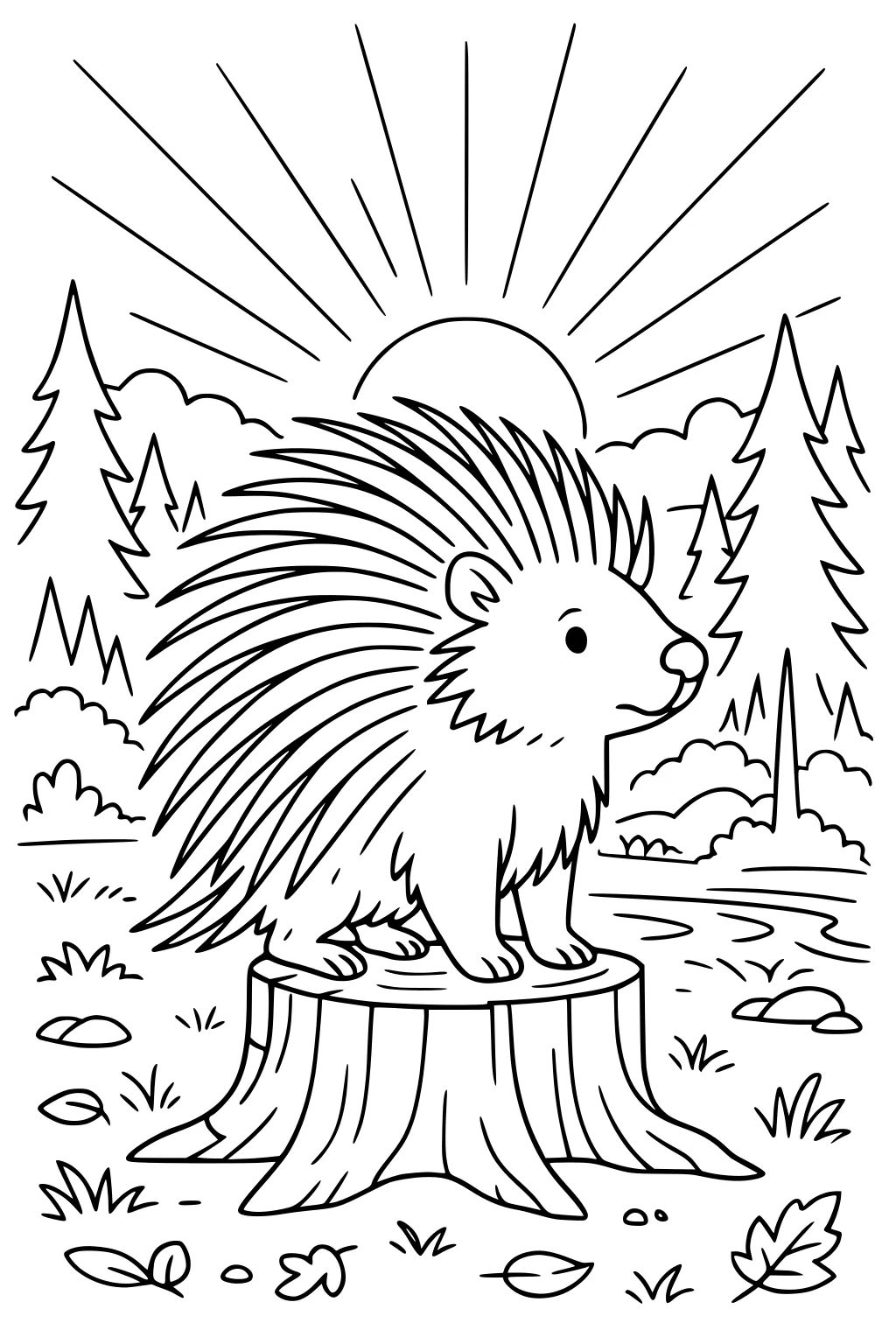 Porcupine with quills standing on a tree stump in a forest with sunrise, river, trees, grass, and scattered leaves.