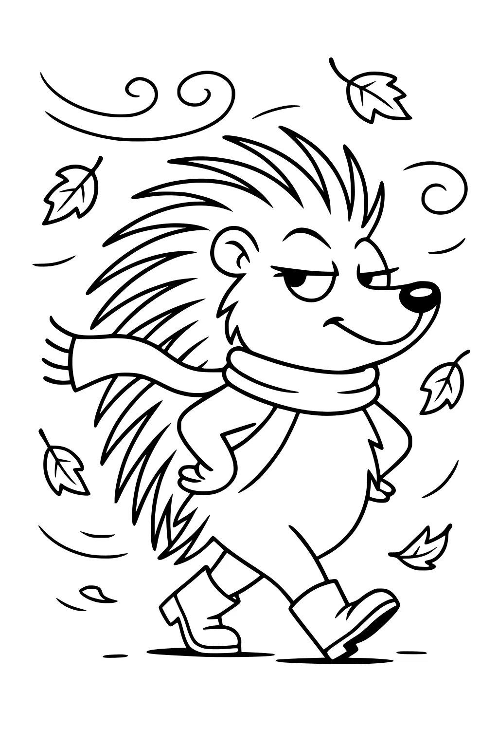 Porcupine with scarf and boots struts through swirling wind and falling leaves.