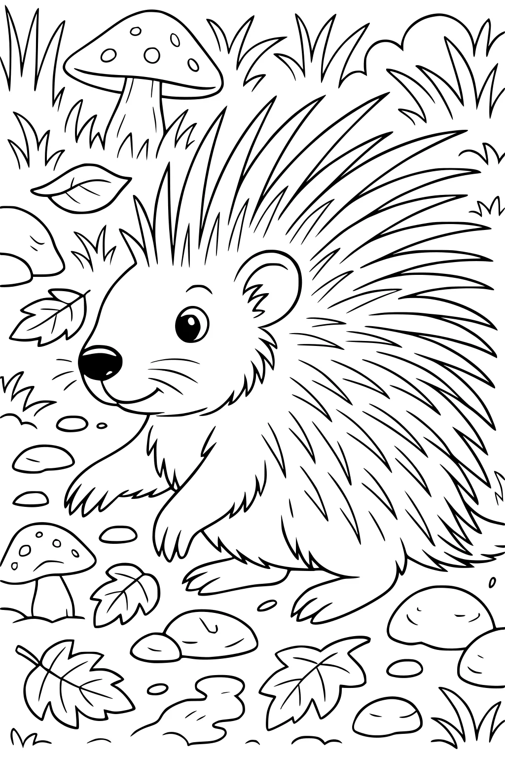 Cartoon porcupine with long quills walking among grass, mushrooms, leaves, and rocks in a forest.