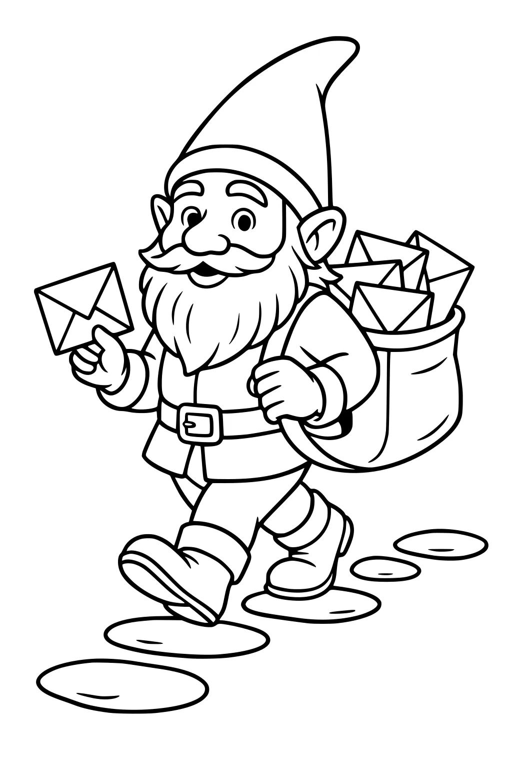 Cartoon gnome mail carrier with pointy hat walks on stepping stones, holding an envelope and a sack filled with letters.