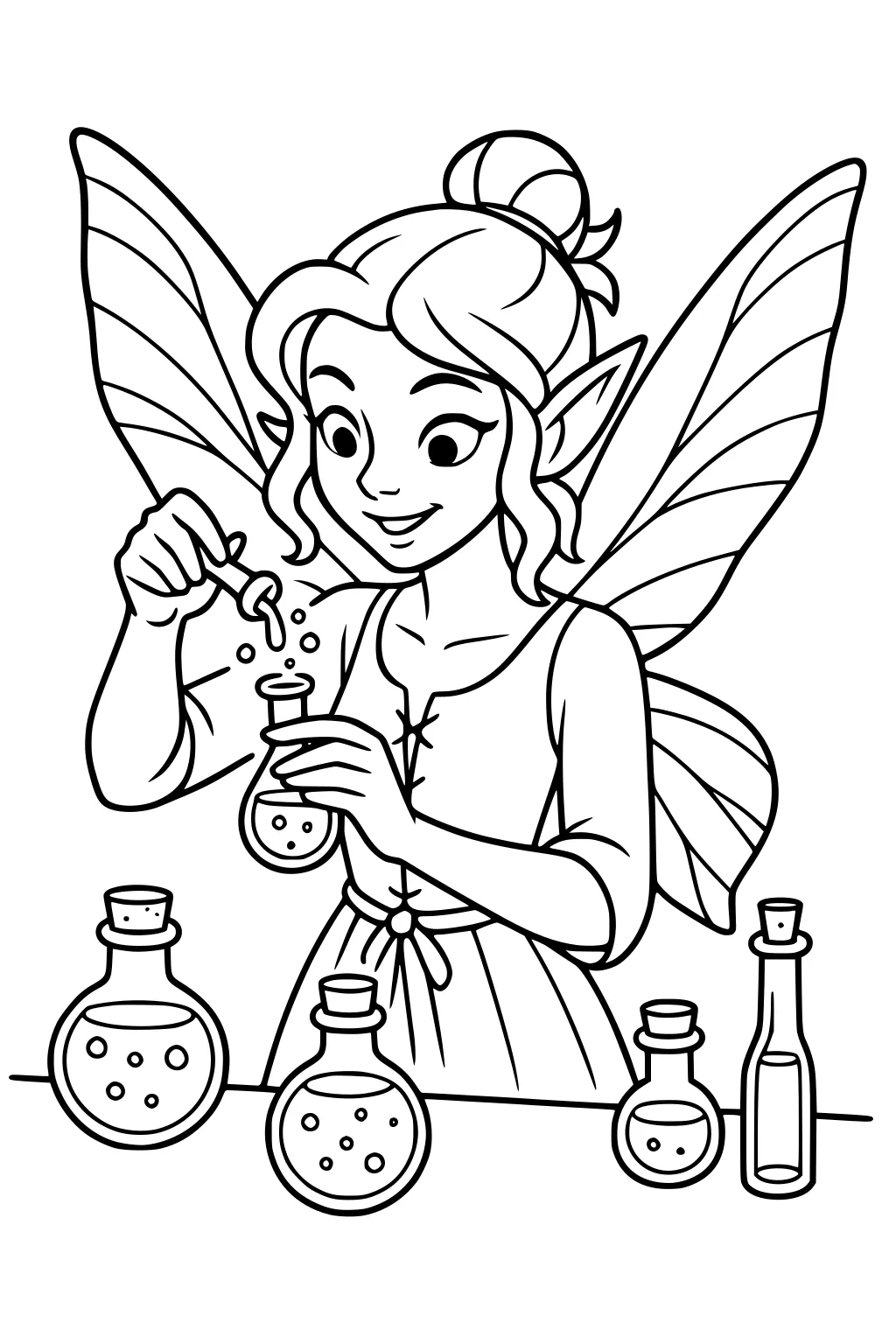 Fairy girl with large striped wings drops liquid into a flask, surrounded by corked potion bottles on a table.