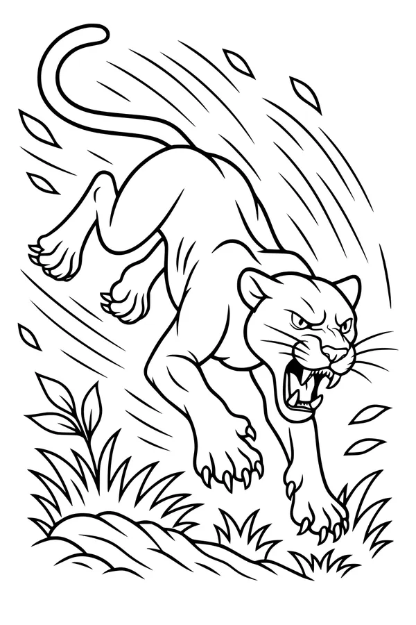 Free Panther Coloring Page - Leaping Big Cat in Jungle Grass (Printable PDF)