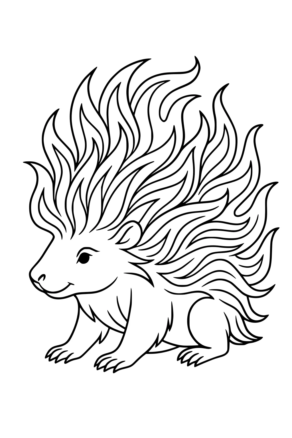 Cartoon porcupine with big, flowing quills and a friendly face, sitting on all fours.