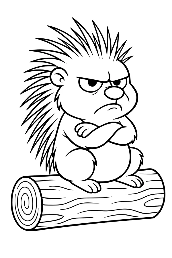 Free Porcupine Coloring Page - Grumpy Cartoon On A Forest Log (Printable PDF)