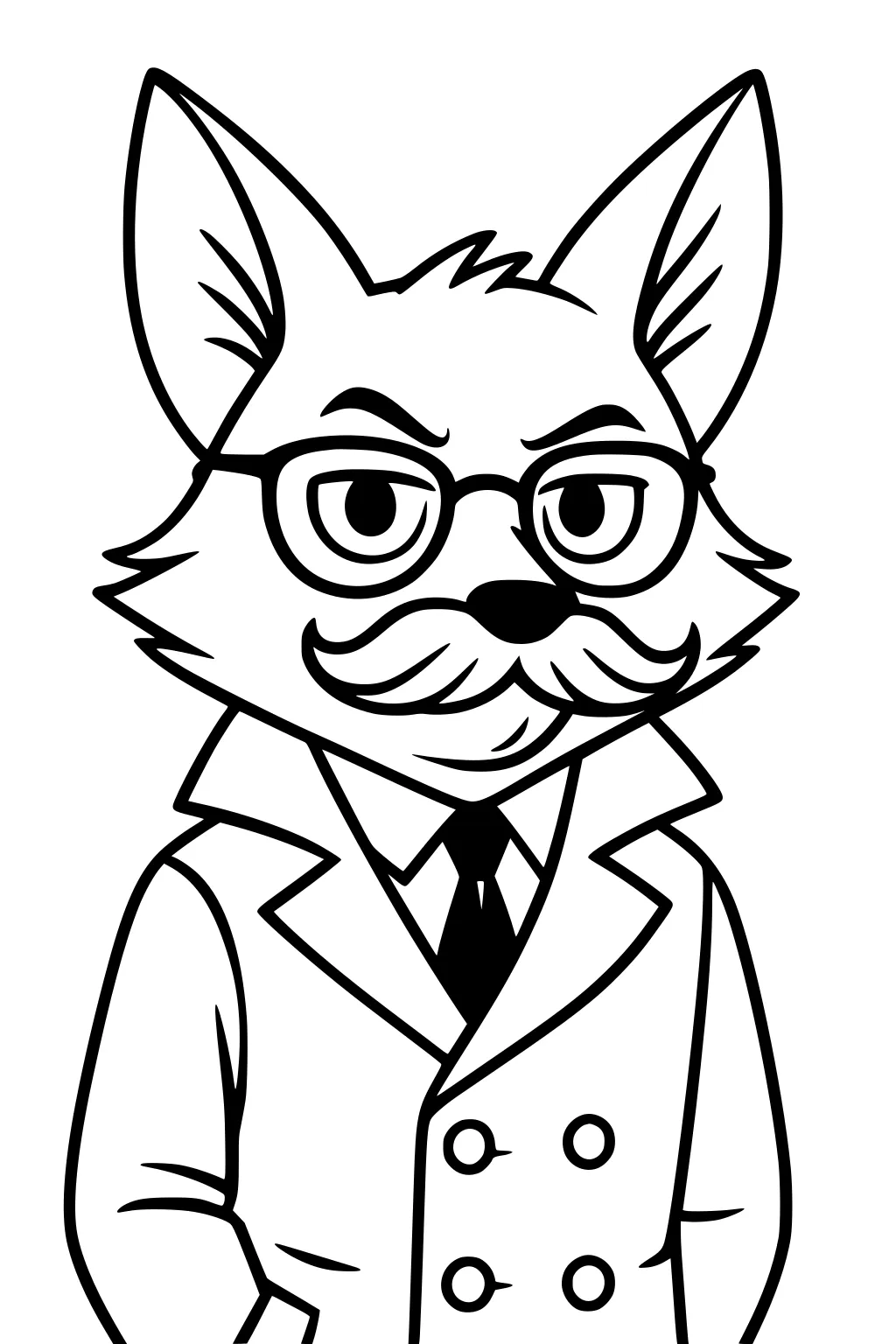 Fox with glasses and mustache wearing a double-breasted coat and tie, facing forward.