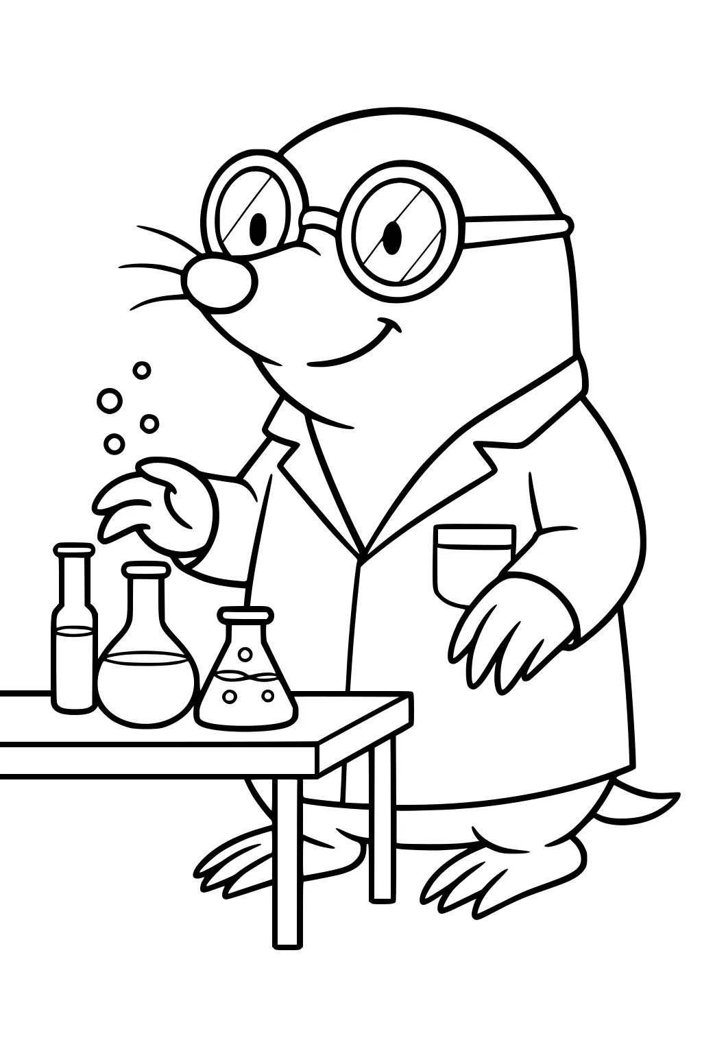 Mole in glasses and lab coat mixing bubbling beakers at a table with flasks and test tubes.