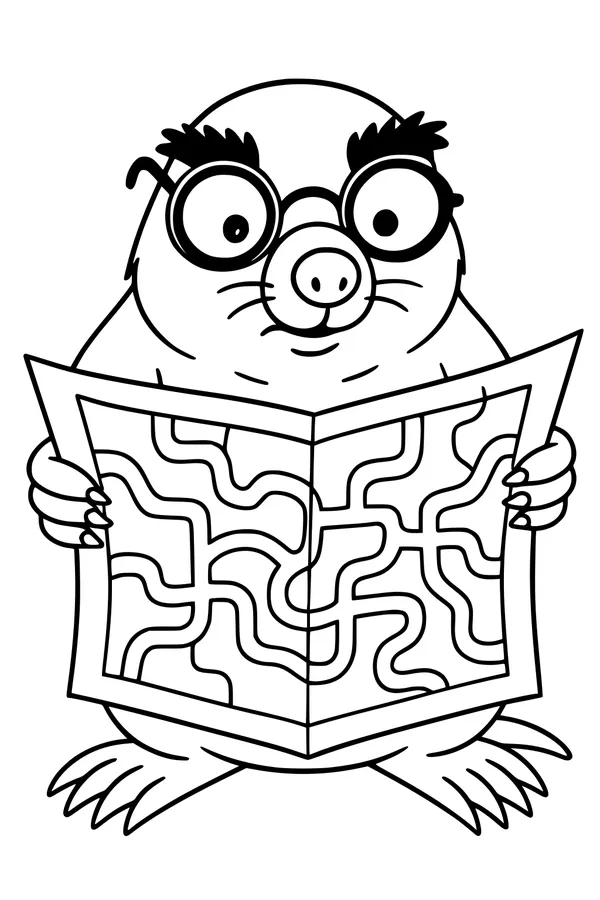 Free Mole Coloring Page - Professor Mole With Maze Map (Printable PDF)