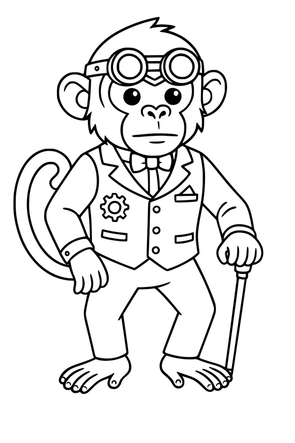 Free Monkey Coloring Page - Steampunk Professor With Goggles (Printable PDF)