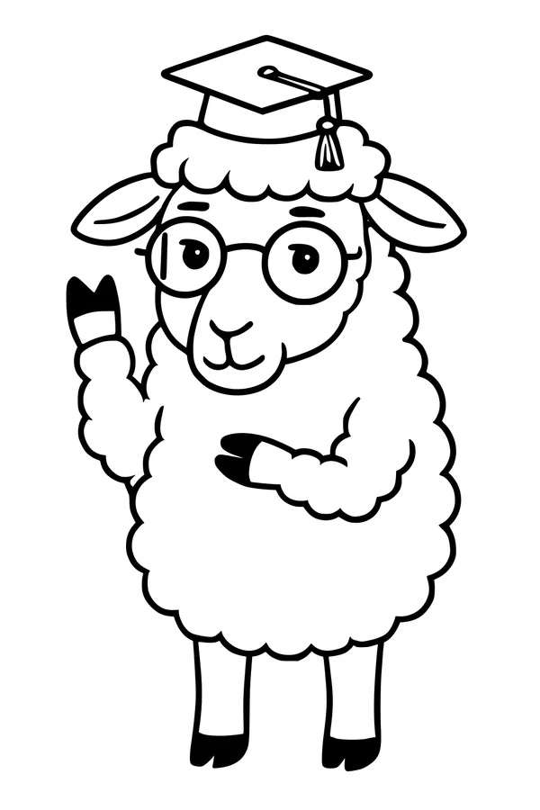 Free Sheep Coloring Page - Graduated Cartoon Sheep With Glasses (Printable PDF)