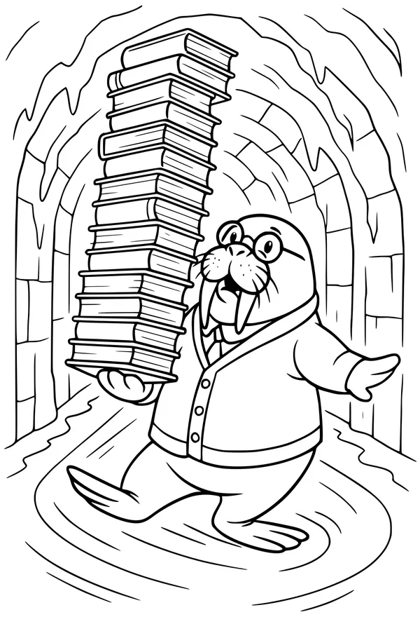 Free Walrus Coloring Page - Bookish Professor in Icy Tunnel (Printable PDF)
