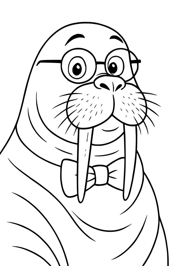 Free Walrus Coloring Page - Professor Walrus With Glasses and Bow Tie (Printable PDF)