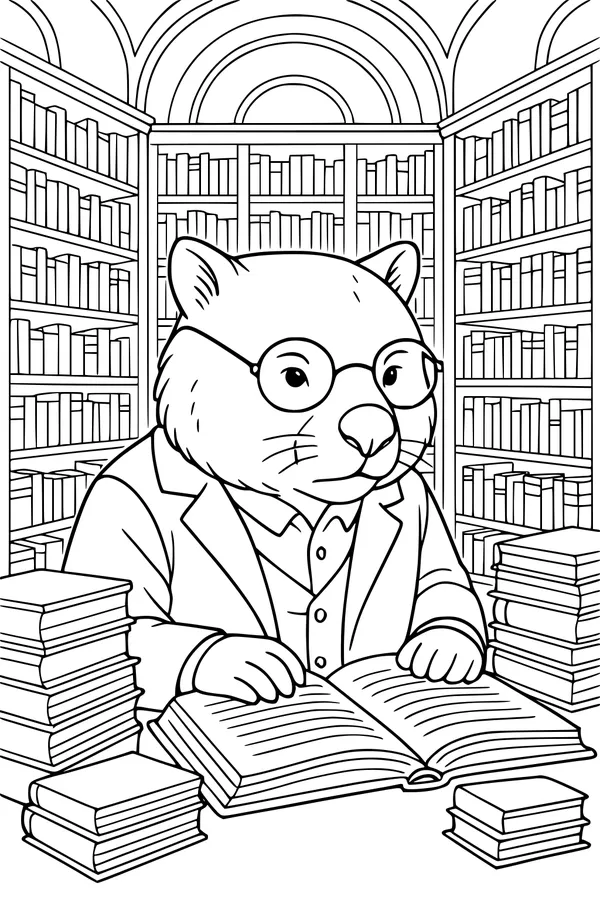 Free Wombat Coloring Page - Professor Reading in a Cozy Library (Printable PDF)