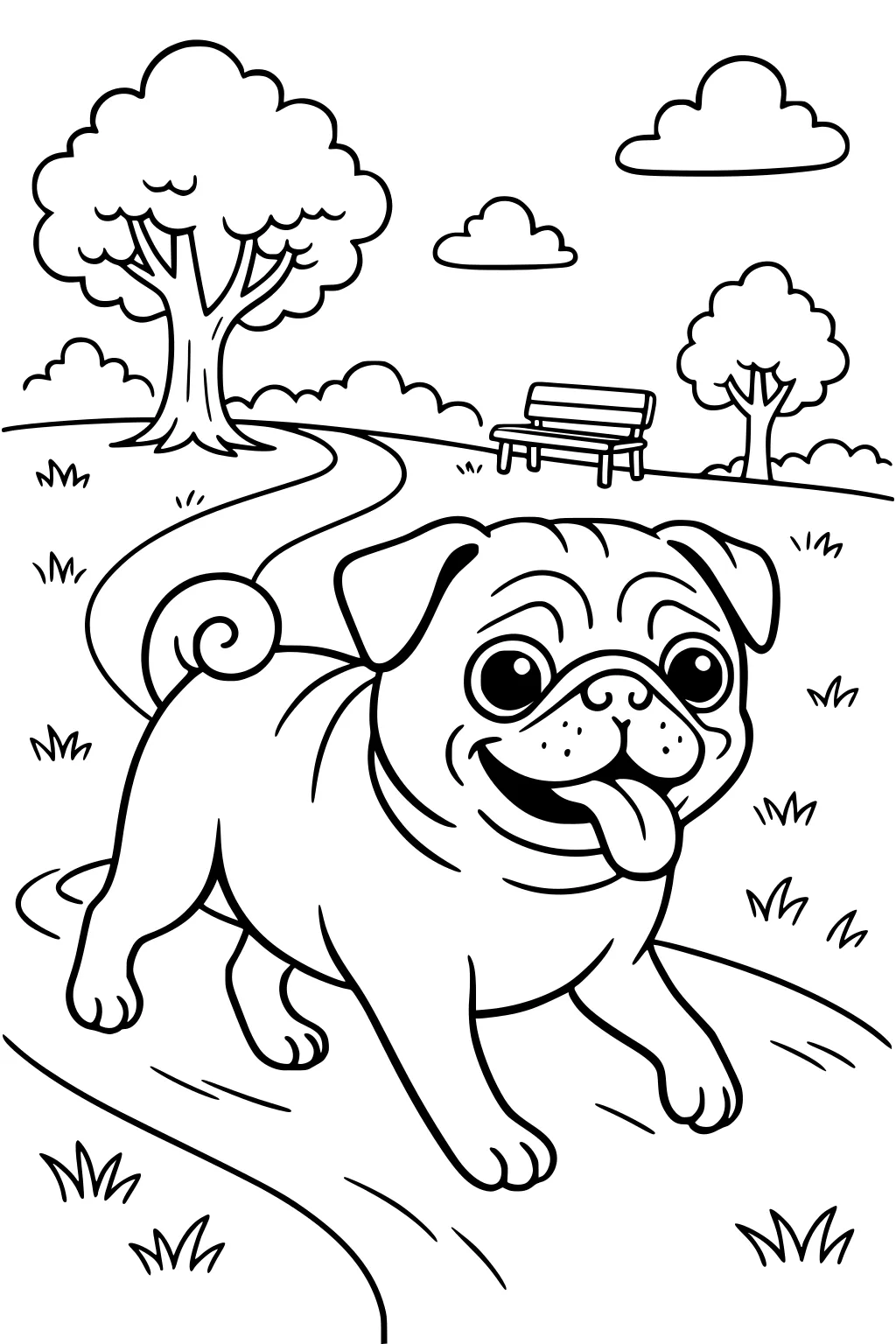 Smiling pug with tongue out walking on a curvy park path. Trees, bench, grass, and clouds fill the background.