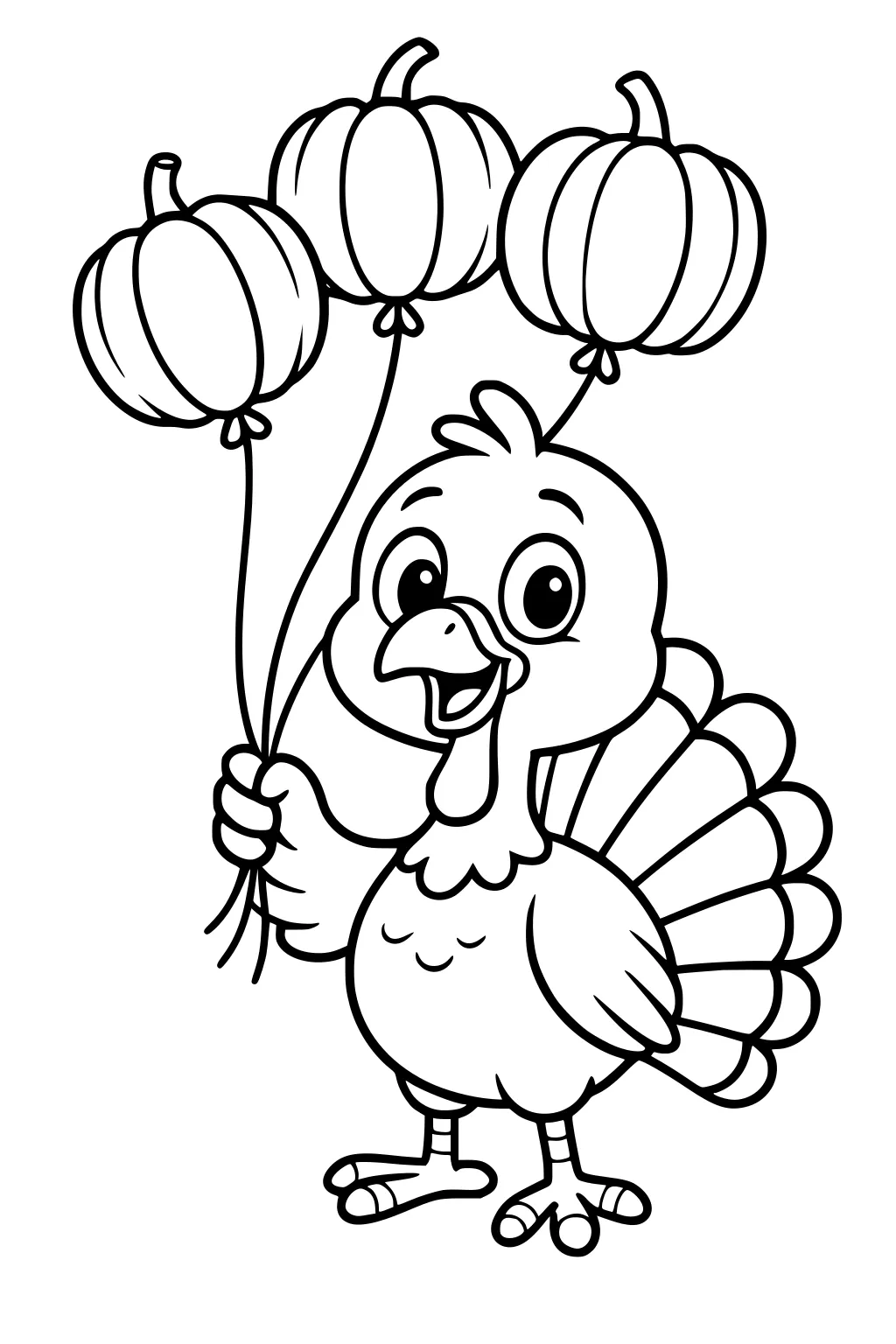 Smiling cartoon turkey holds three pumpkin-shaped balloons with fanned tail feathers and bold outlines.