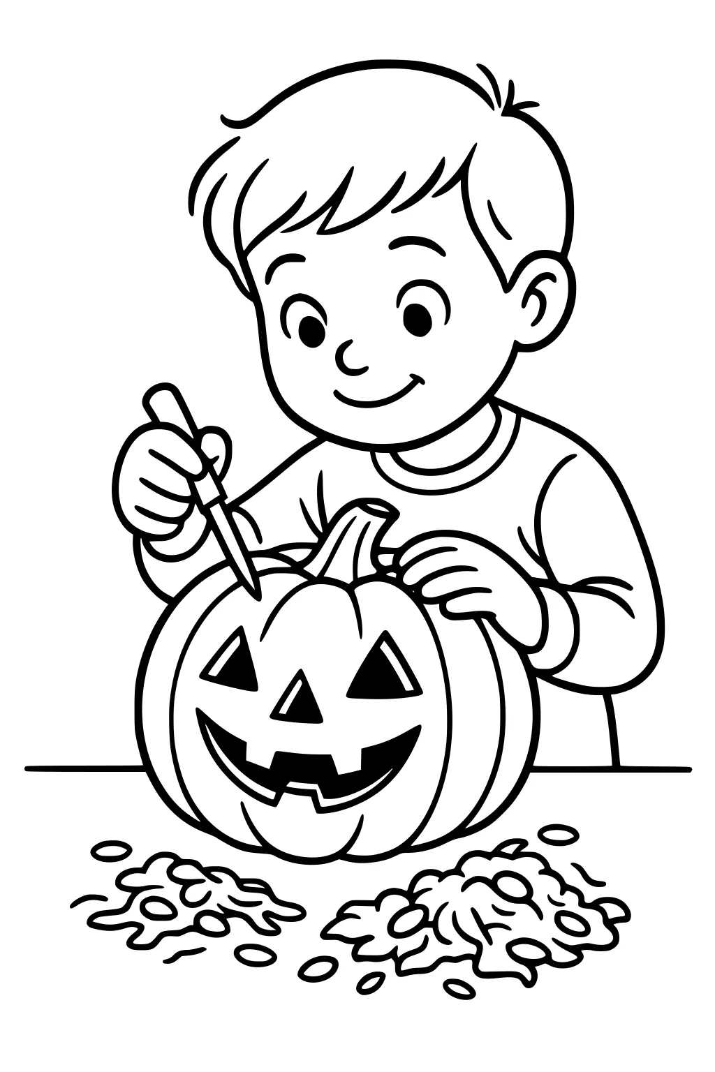 Smiling boy carving a jack-o-lantern pumpkin at a table, with seeds and pulp scattered, triangle eyes and a big grin.