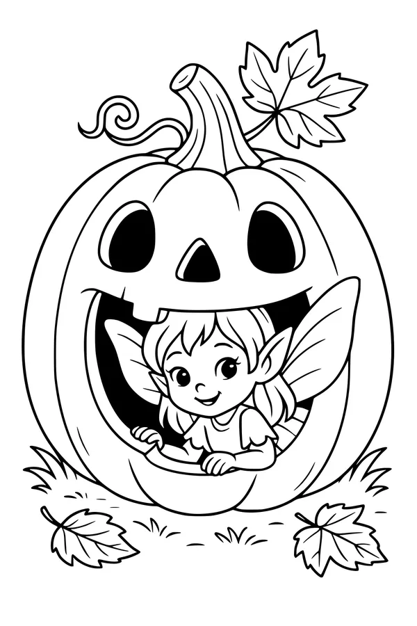 Free Fairy Coloring Page - Peekaboo in Jack-O'-Lantern Pumpkin House (Printable PDF)