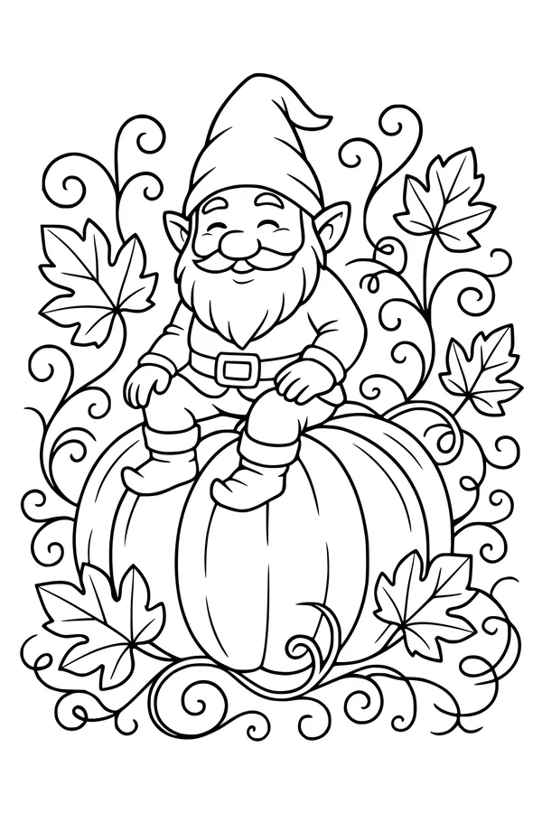 Free Gnome Coloring Page - Autumn Pumpkin Throne Scene (Printable PDF)