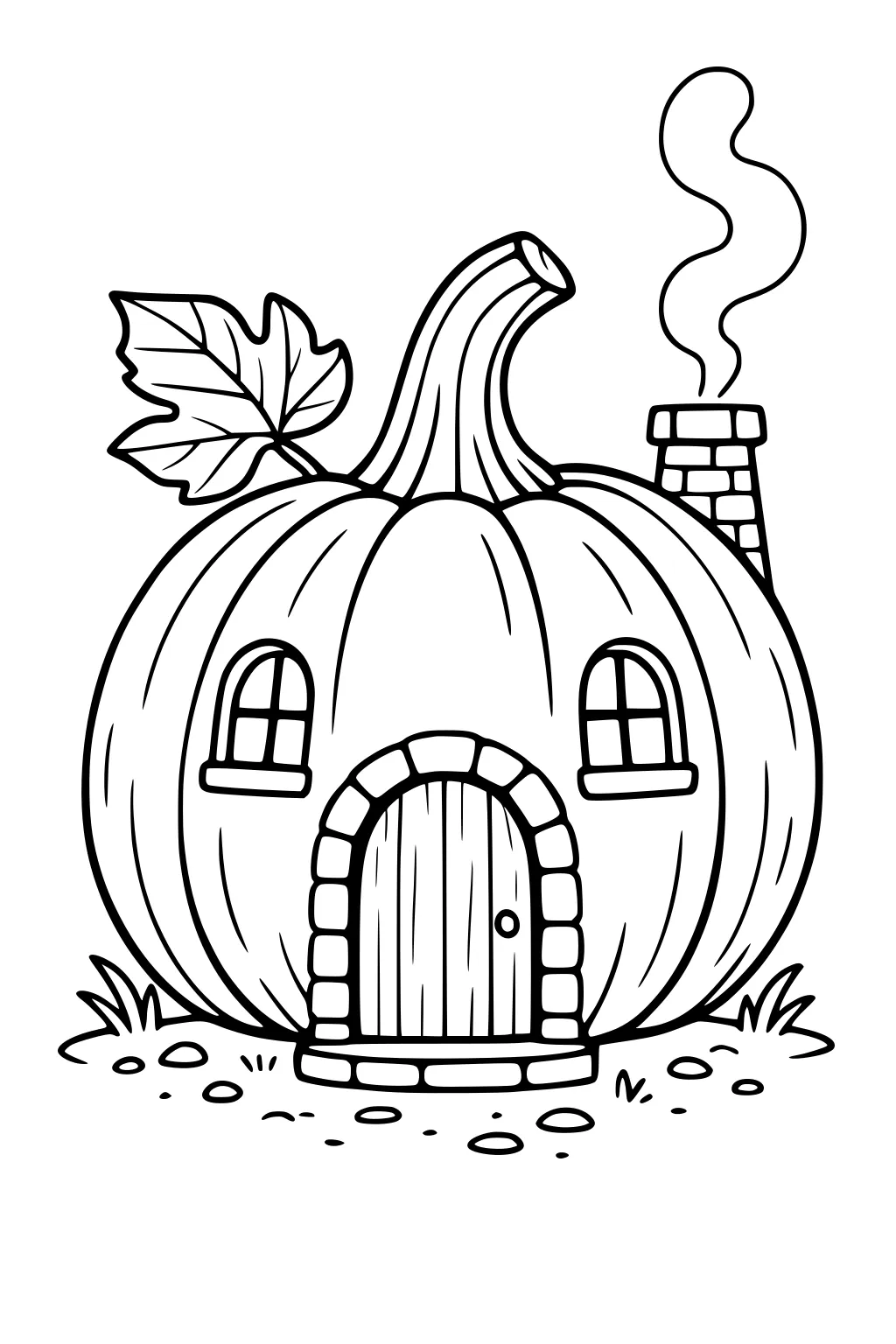 Pumpkin house with arched door, two windows, brick chimney blowing smoke, stem and leaf, grass and pebbles outlined for coloring.