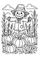 Free Scarecrow Coloring Page - Smiling Pumpkin Patch Harvest Scene (Printable PDF)