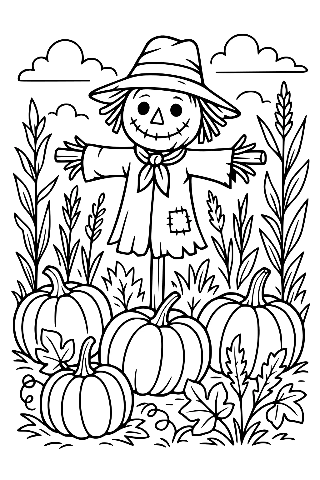 Friendly scarecrow with hat and scarf in a pumpkin patch with tall wheat, leaves, vines, and puffy clouds in the sky.