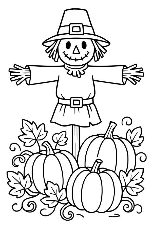 Free Scarecrow Coloring Page - Smiley Pumpkin Patch Harvest Scene (Printable PDF)