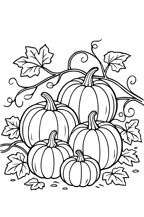Free Pumpkin Patch Coloring Page - Stacked Pumpkins With Twisty Vines (Printable PDF)