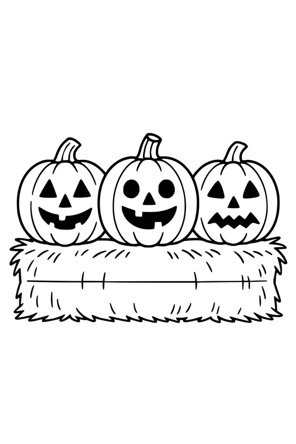 Free Pumpkin Coloring Page - Jack-O-Lantern Pals on a Hay Bale (Printable PDF)