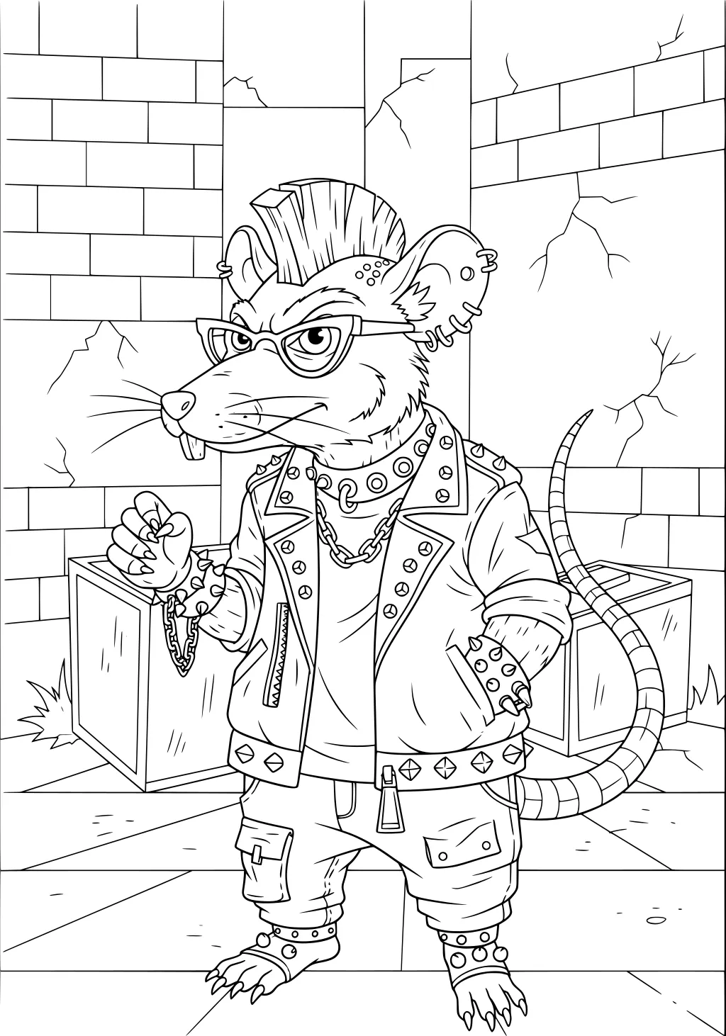 Rat with mohawk, glasses, leather jacket, and chain standing in a broken alley with tall crates and cracked walls.