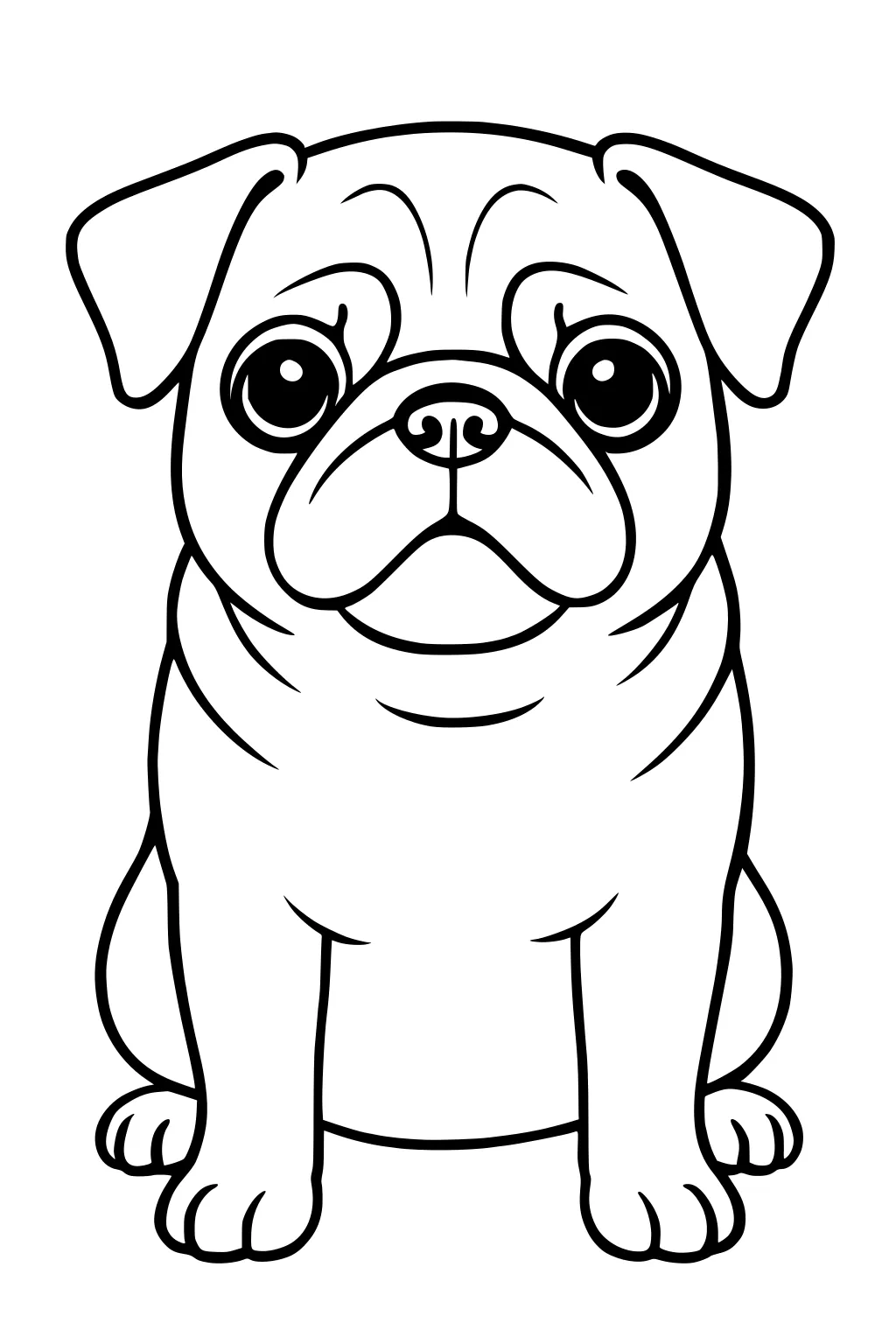 Sitting pug dog with big eyes, wrinkled face, floppy ears, round nose, and front paws visible.