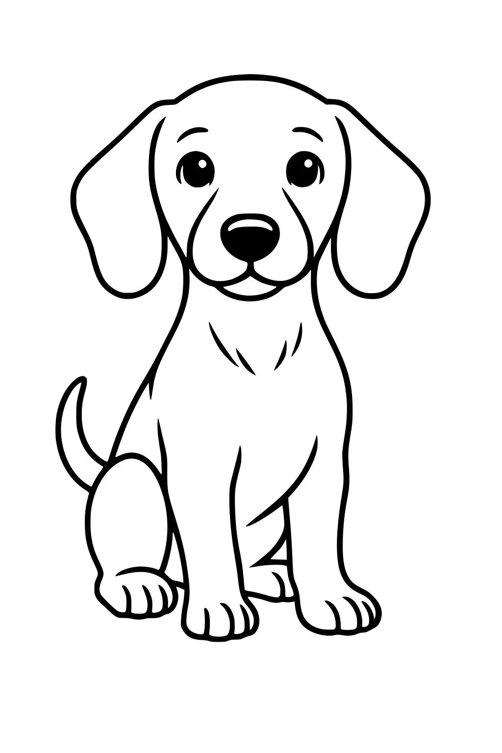Cartoon puppy dog sitting upright with floppy ears, large eyes, and a small curled tail.