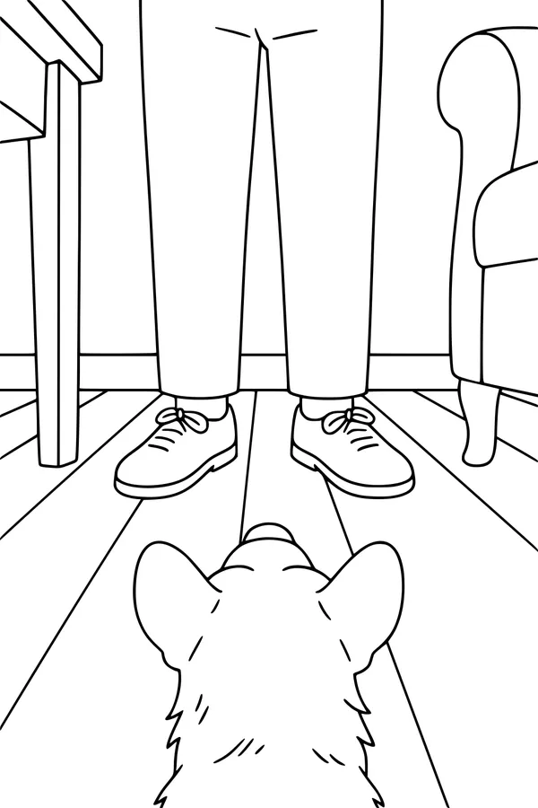 Free Dog Coloring Page - Pup Waiting Patiently Indoors (Printable PDF)