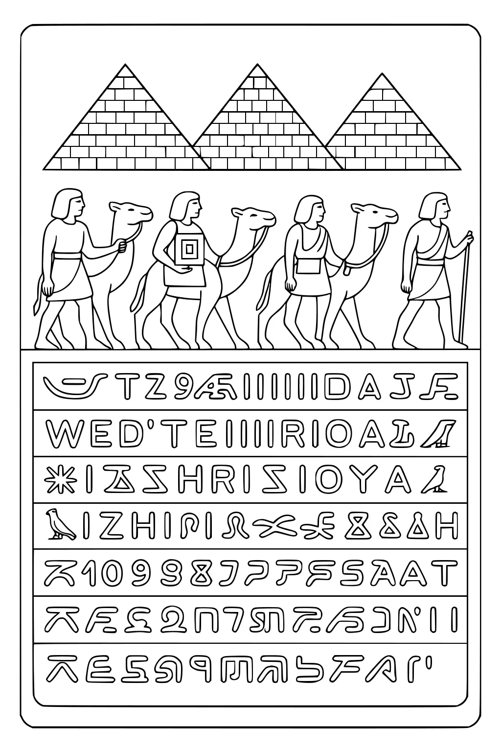 Four people walk three camels in front of pyramids, with rows of ancient symbols and letters underneath.